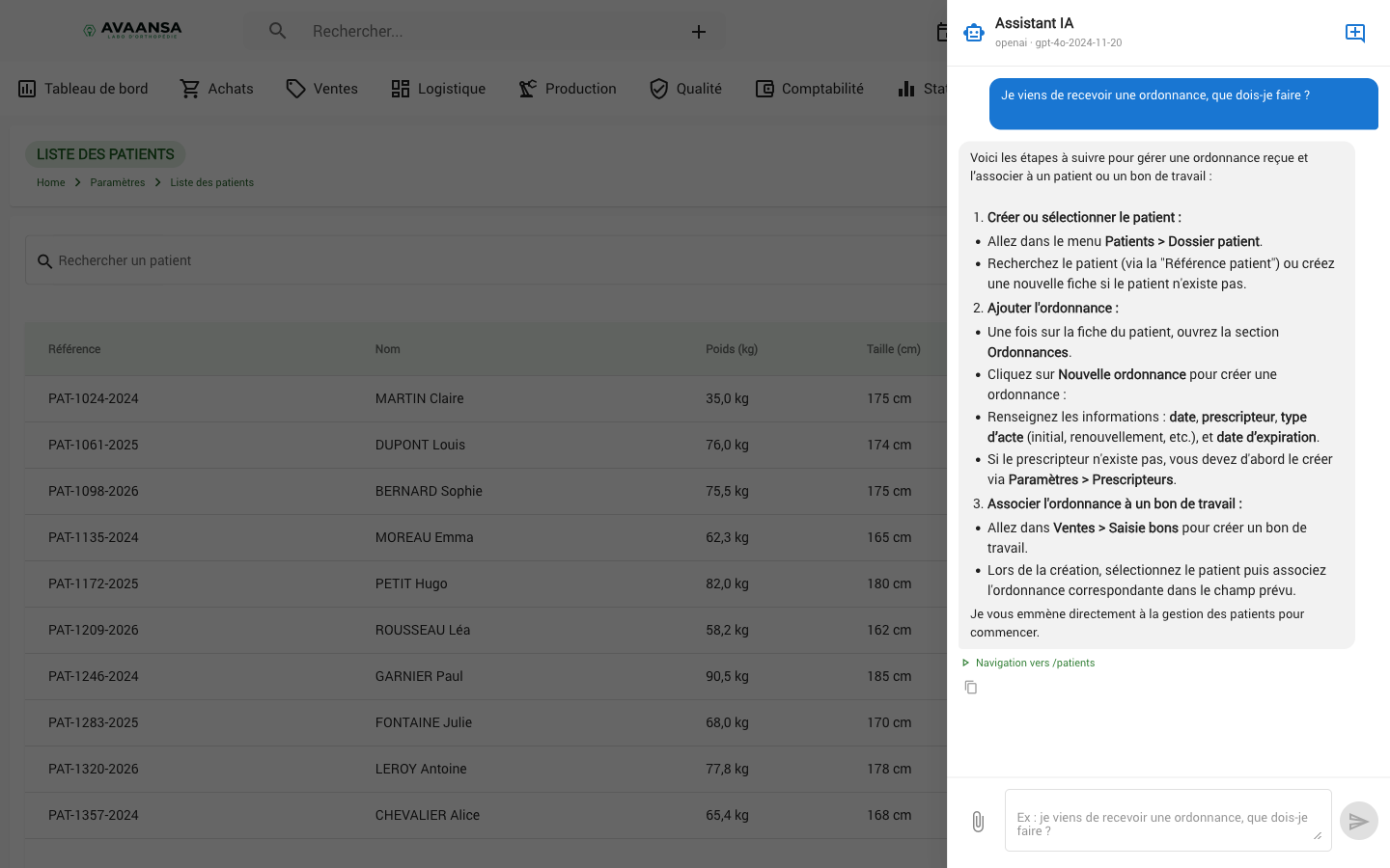 Assistant IA Avaansa : réponse pas à pas à une question métier et navigation automatique vers l'écran patients